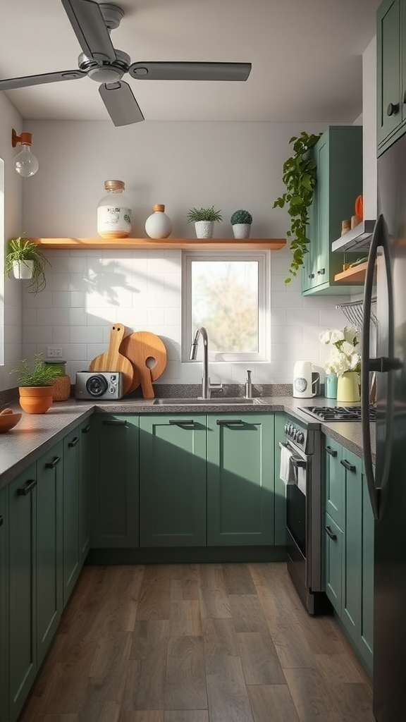 A modern kitchen with green cabinets, plants, and natural light.