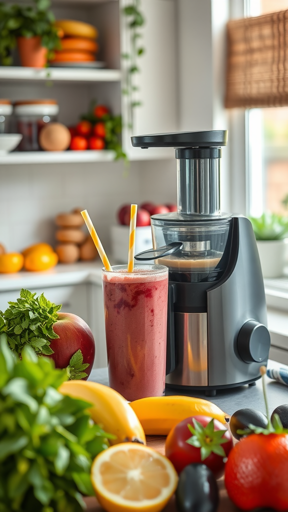 A modern kitchen with a juicer, fresh fruits, and smoothies on a counter, showcasing health and wellness themes.