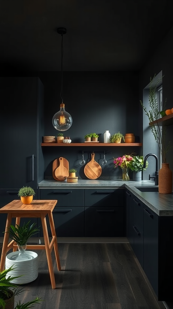 A stylish dark kitchen with wooden accents and plants.