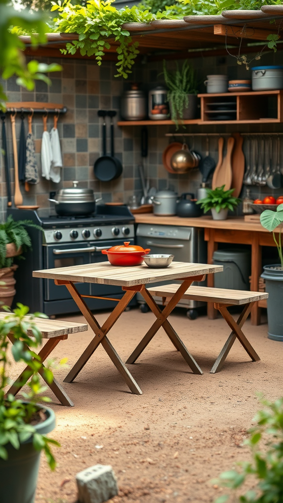 A foldable wooden picnic table in an outdoor kitchen setting with pots and pans.