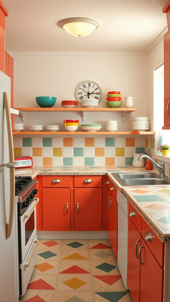 A bright 1950s kitchen featuring colorful Formica countertops with unique patterns.