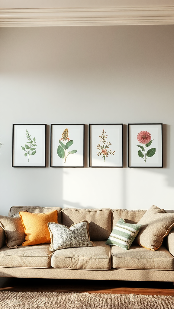 A cozy couch with framed botanical prints above it, featuring various plants in colorful frames.