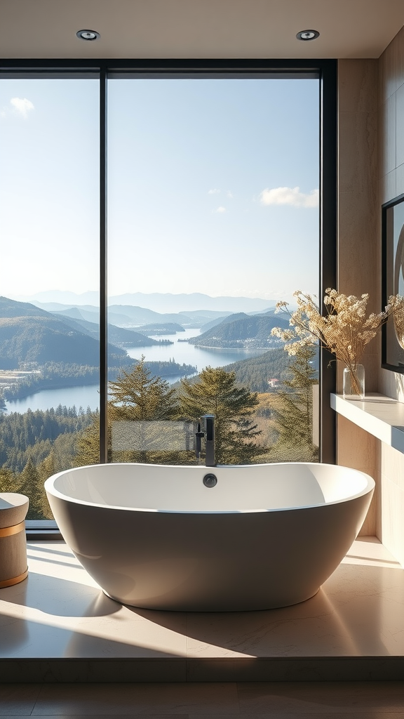 A modern freestanding bathtub with a stunning view of mountains and a lake through large windows.