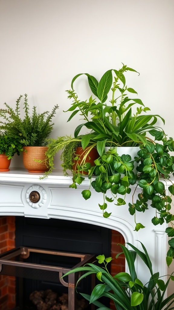 A decorative farmhouse mantle adorned with various potted plants and herbs.