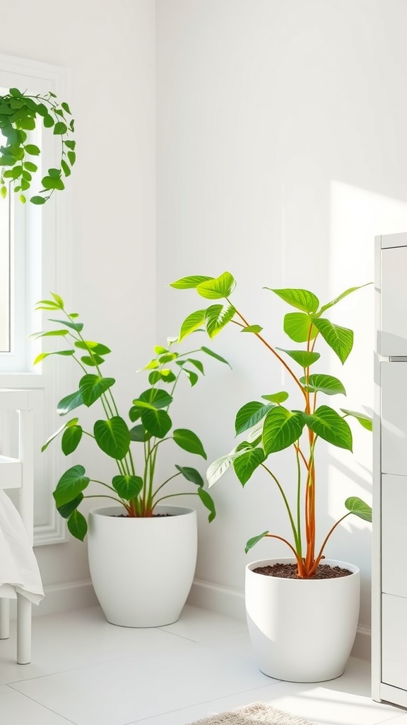 A bright dorm room corner with large leafy plants in white pots, enhancing the clean white decor.