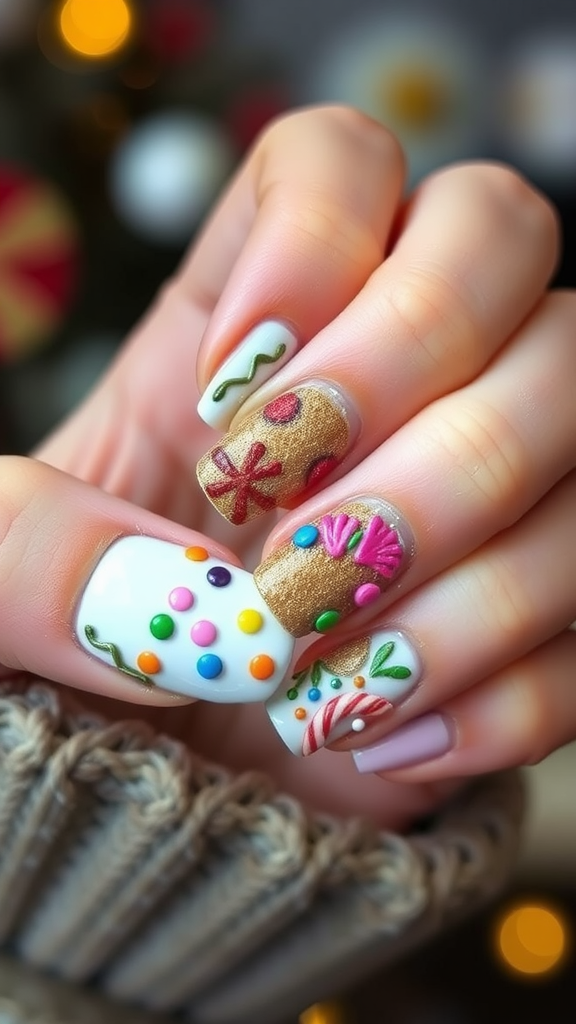 A close-up of beautifully designed nails featuring gingerbread cookie themes with colorful decorations.