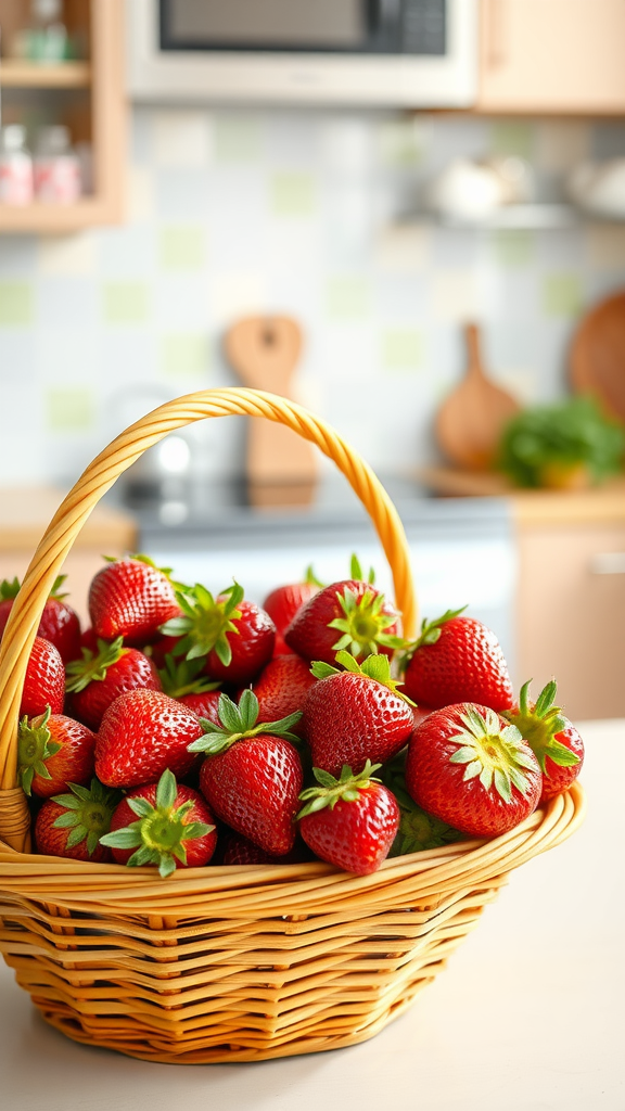 A woven basket overflowing with fresh strawberries on a kitchen counter.