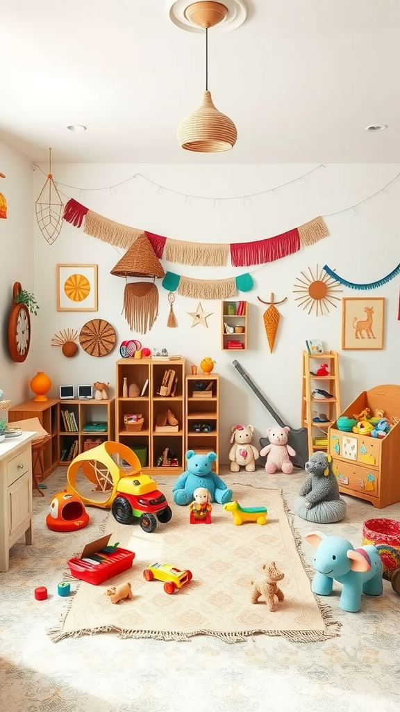 A bright and colorful Boho-style playroom filled with toys and decor.