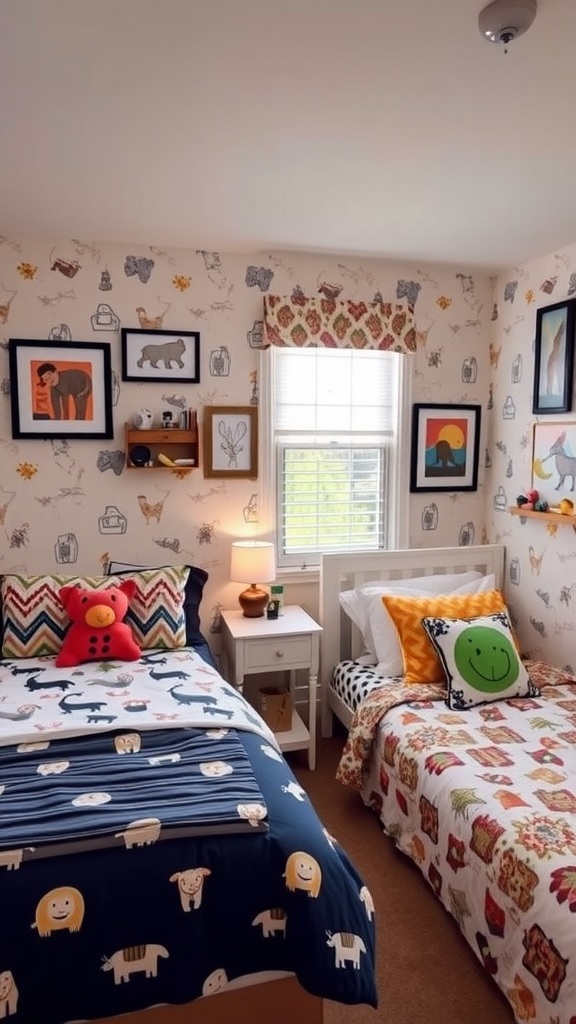 A cozy children's bedroom with playful themed decor, featuring colorful bedding and animal-themed wall art.