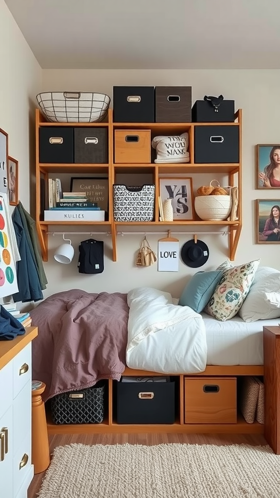 A cozy dorm room with stylish storage solutions, featuring wooden shelves filled with decorative boxes and a neatly made bed.