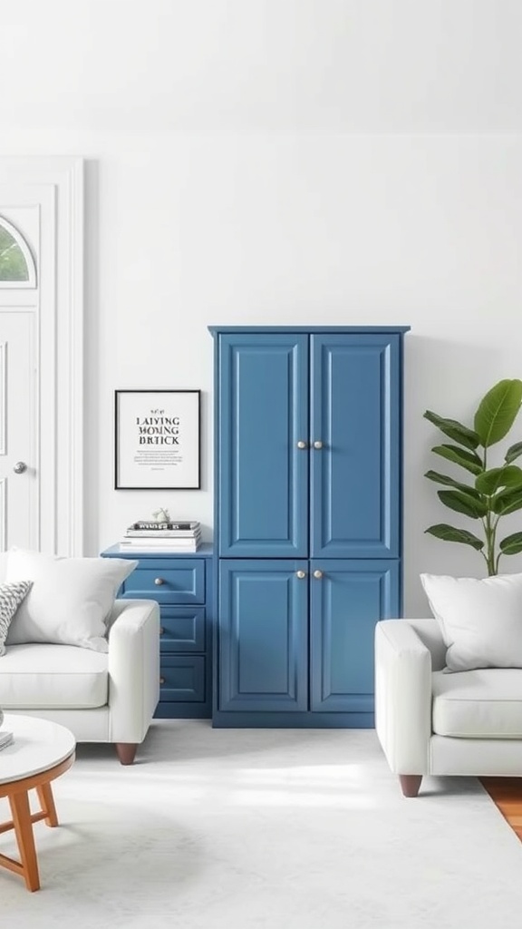 A stylish blue storage cabinet in a white living room with two white sofas and a round coffee table.