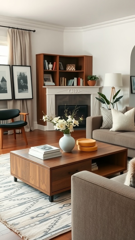 A cozy living room featuring a stylish coffee table, books, and decor.