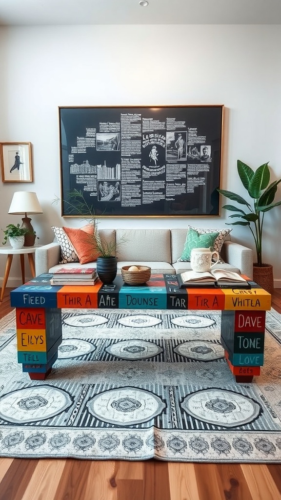 A colorful coffee table with unique designs in a modern living room.