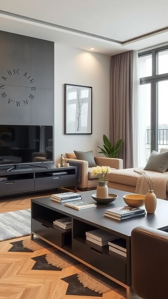 A modern living room featuring a coffee table with storage, neatly arranged decor, and a cozy seating area.