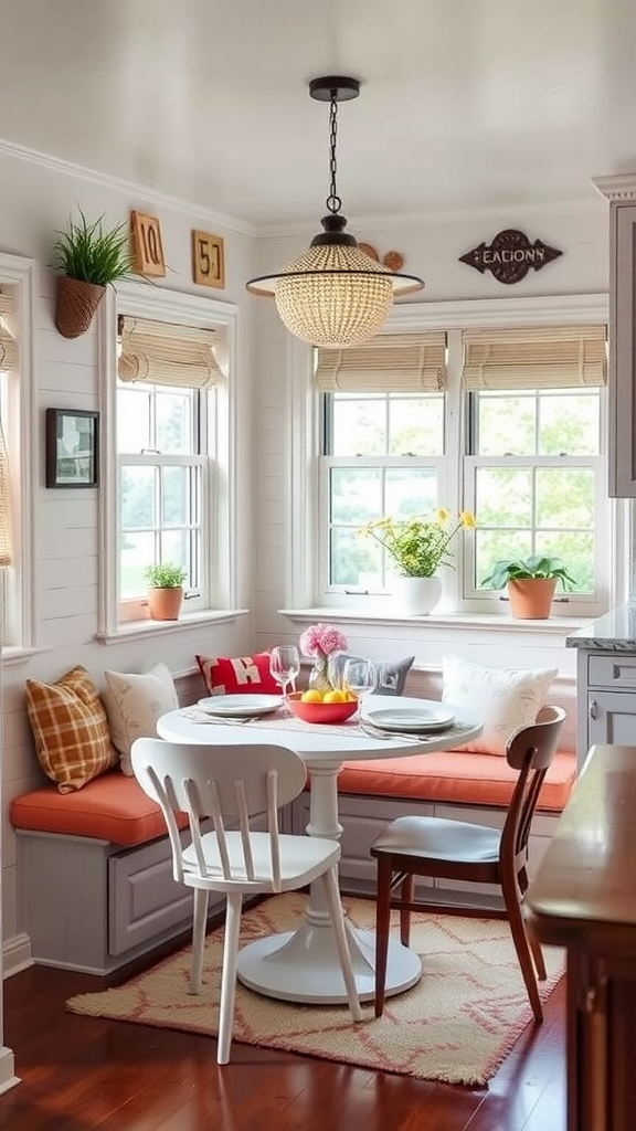 Cozy dining nook with a round table, cushions, and plants near the windows.