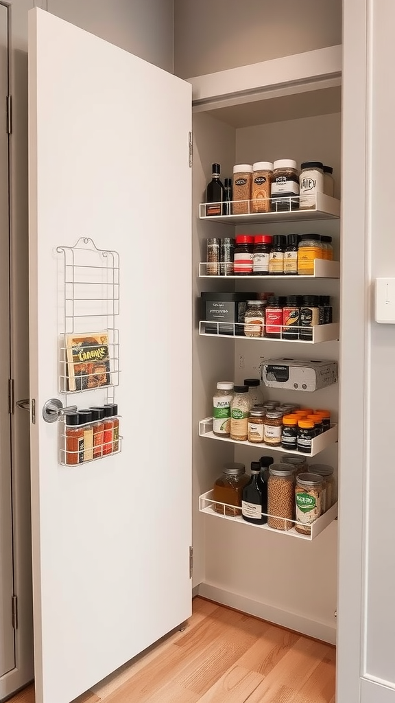 A corner kitchen pantry with organized shelves and functional door storage for spices.