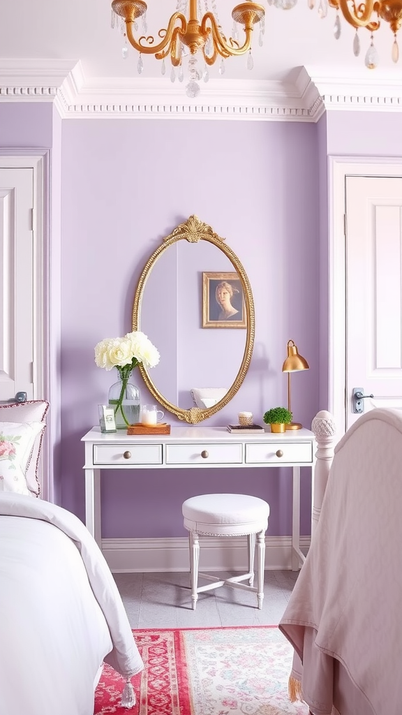 A stylish dressing area featuring a white vanity, a round mirror, and colorful decor.