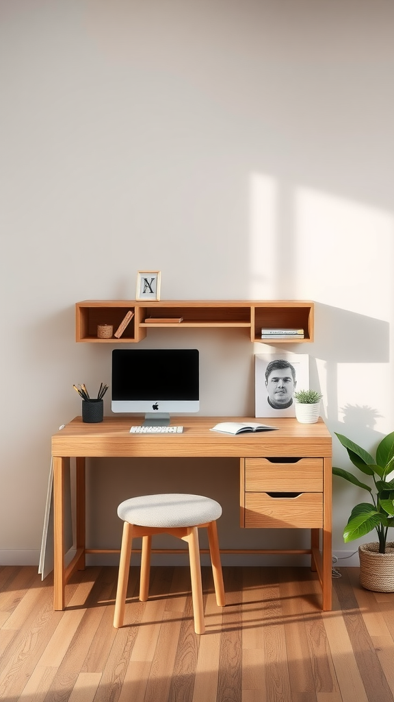 A minimalist dorm room setup featuring a wooden desk with a computer, plant, and shelf.