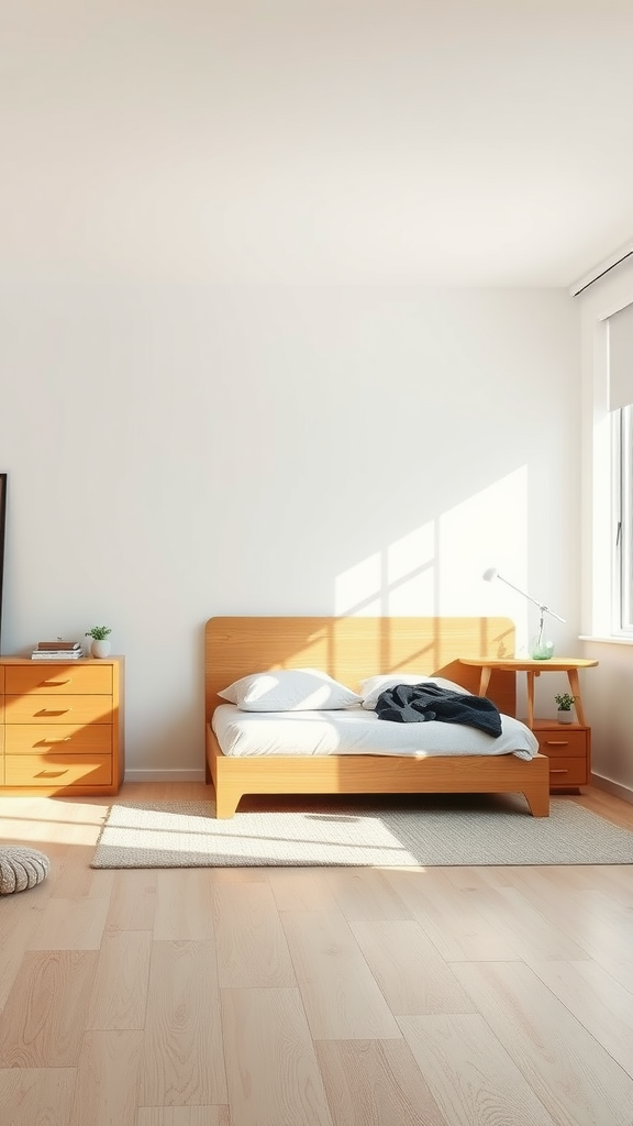 A minimalist bedroom featuring a wooden bed, a nightstand, and a dresser, with ample natural light.