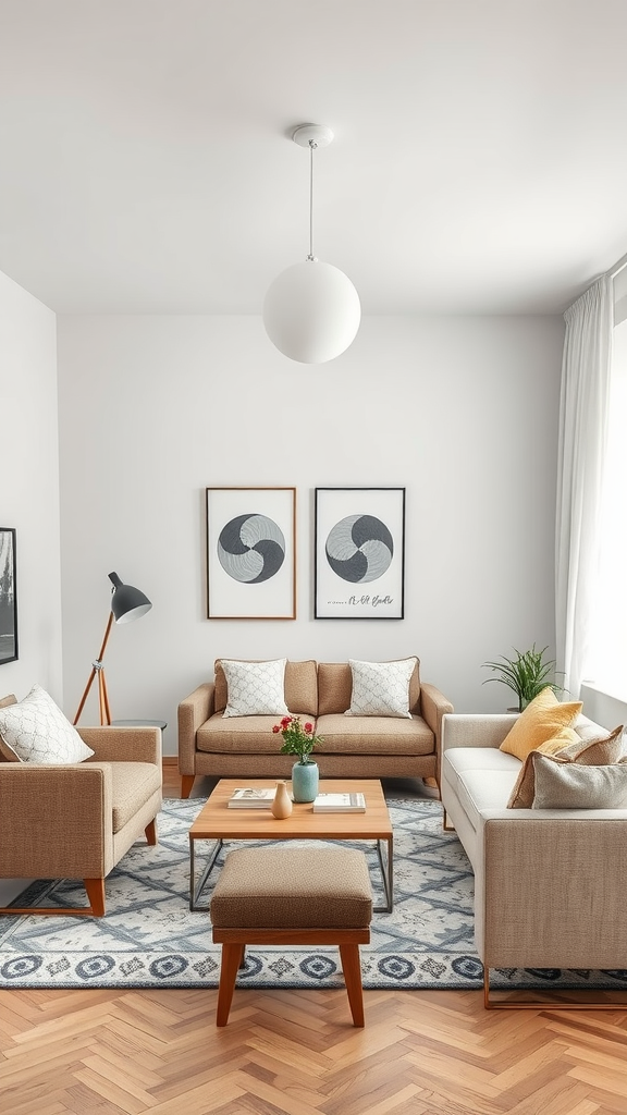 A cozy living room with two brown sofas, a white sofa, a wooden coffee table, and stylish decor.