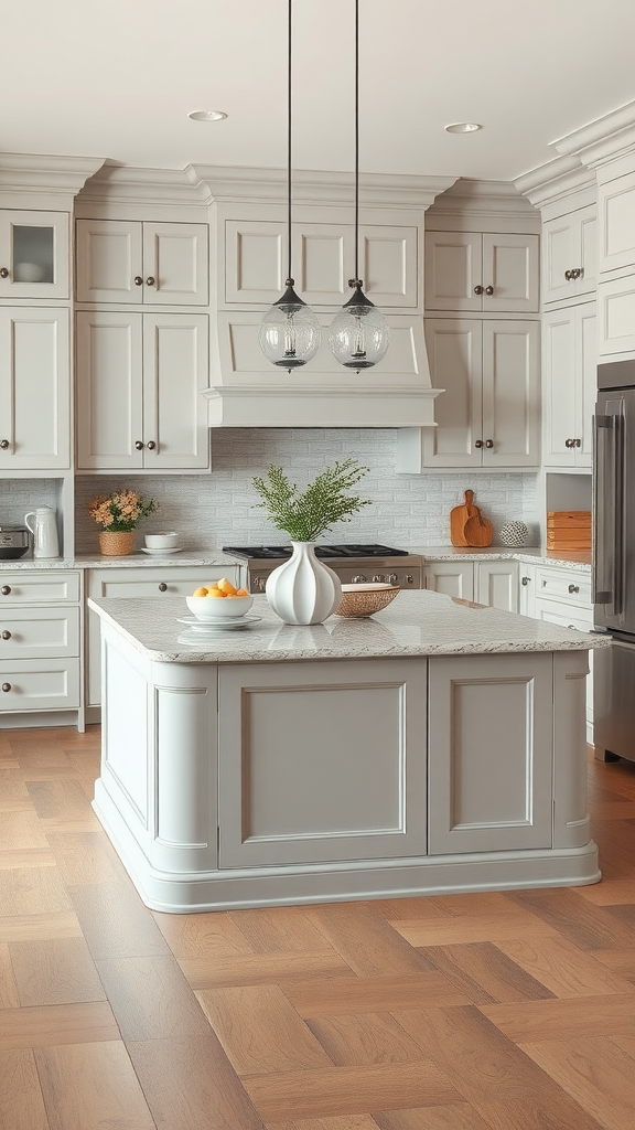 A stylish kitchen featuring light gray cabinets and a functional gray island.