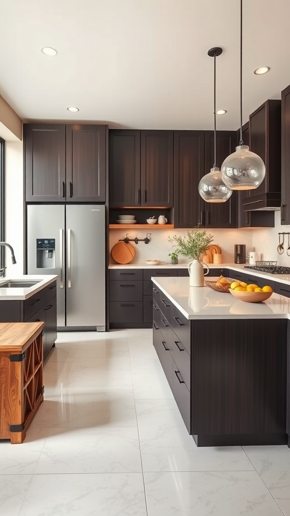 A modern kitchen featuring espresso cabinets and a functional island.