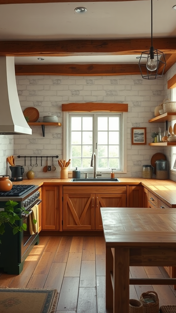 Cozy rustic farmhouse kitchen with wooden cabinets, a large window, and a central table.