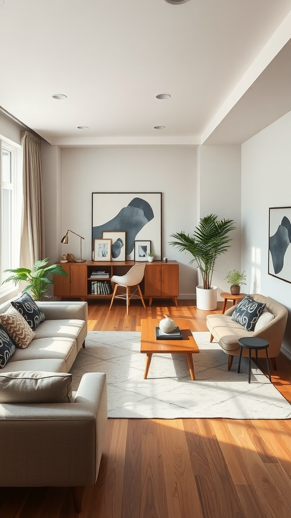 A stylish living room with a beige sofa, wooden furniture, and decorative plants.