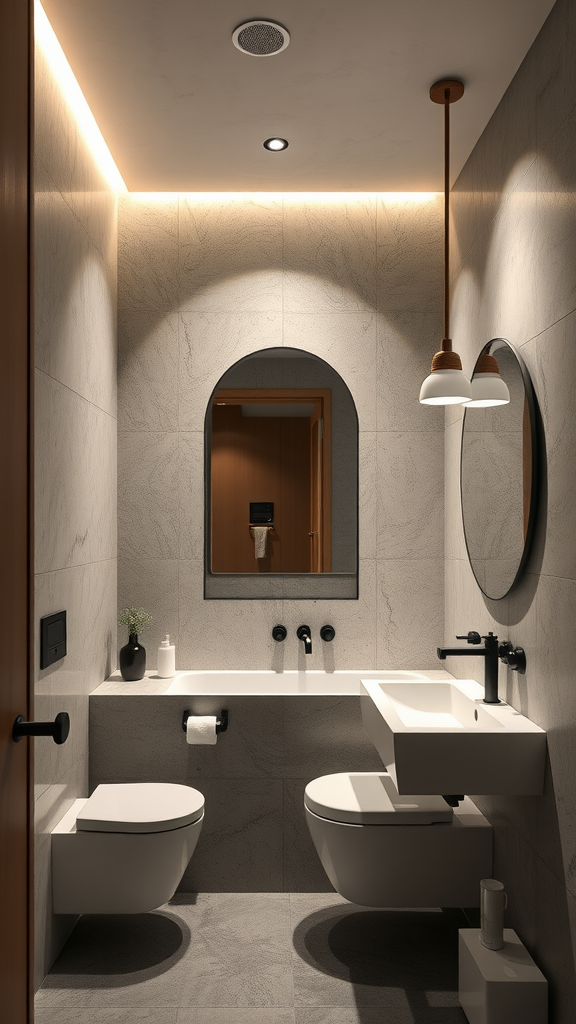 A stylish microcement bathroom featuring modern lighting solutions.