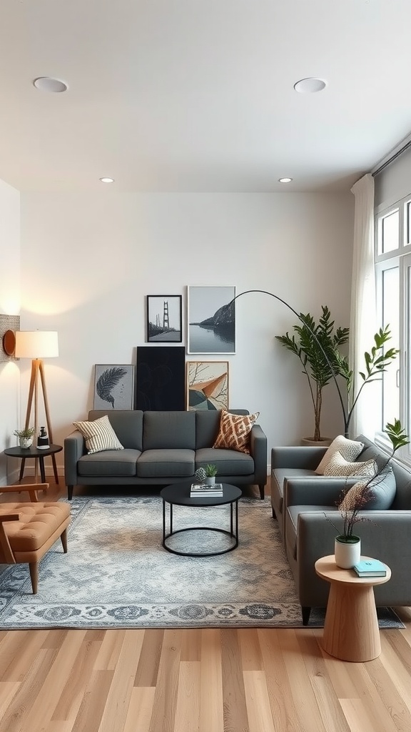 A modern living room featuring a sofa, armchairs, coffee table, and decorative plants.