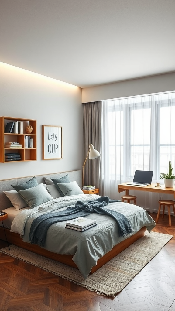 Aesthetic men's bedroom featuring a cozy bed, desk area, and bookshelf in a well-lit space.