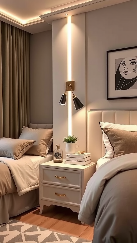 A modern bedroom featuring a stylish nightstand, soft bedding, and neutral decor.