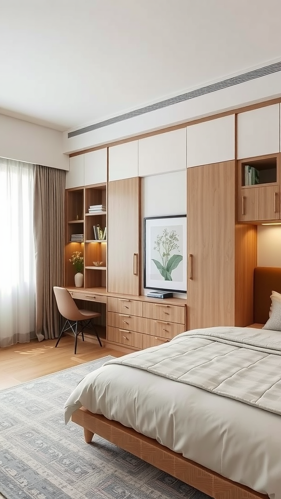 A modern bedroom featuring smart storage solutions, including built-in shelves and a desk.