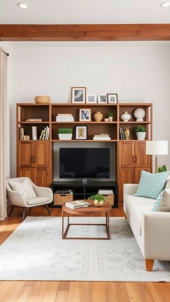 Modern cozy living room with a stylish storage unit and minimalistic decor.