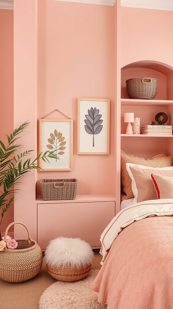 A cozy room with stylish storage solutions, featuring shelves and decorative baskets.