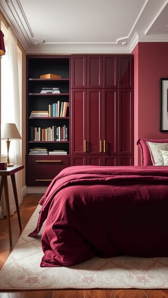 A luxurious burgundy bedroom featuring rich colored bedding and built-in storage solutions.