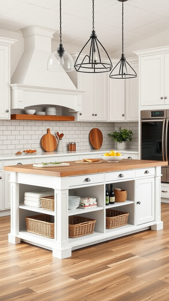 A stylish farmhouse kitchen island with open shelving, wooden top, and baskets for storage.