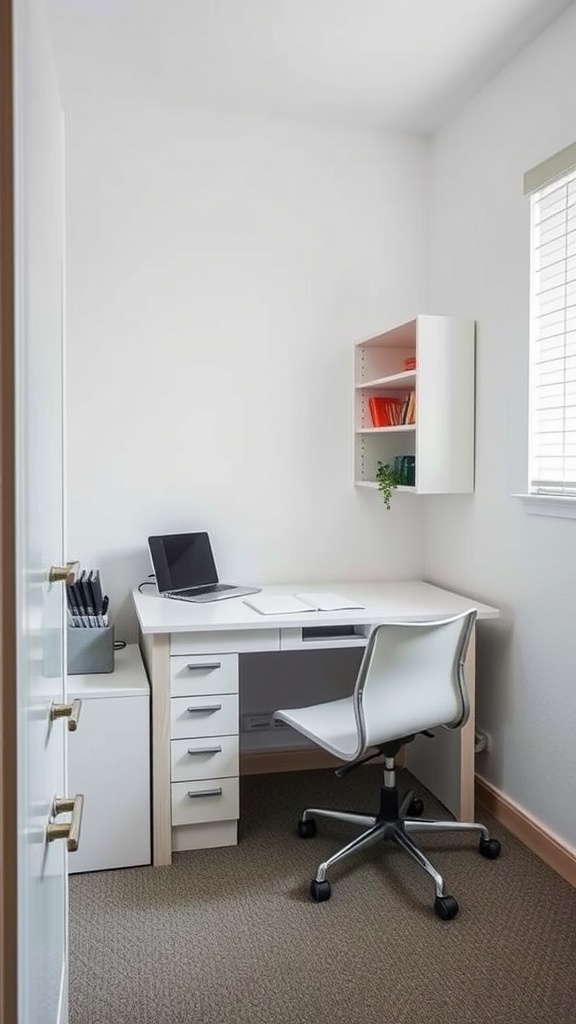 A clean and organized white desk setup in a dorm room