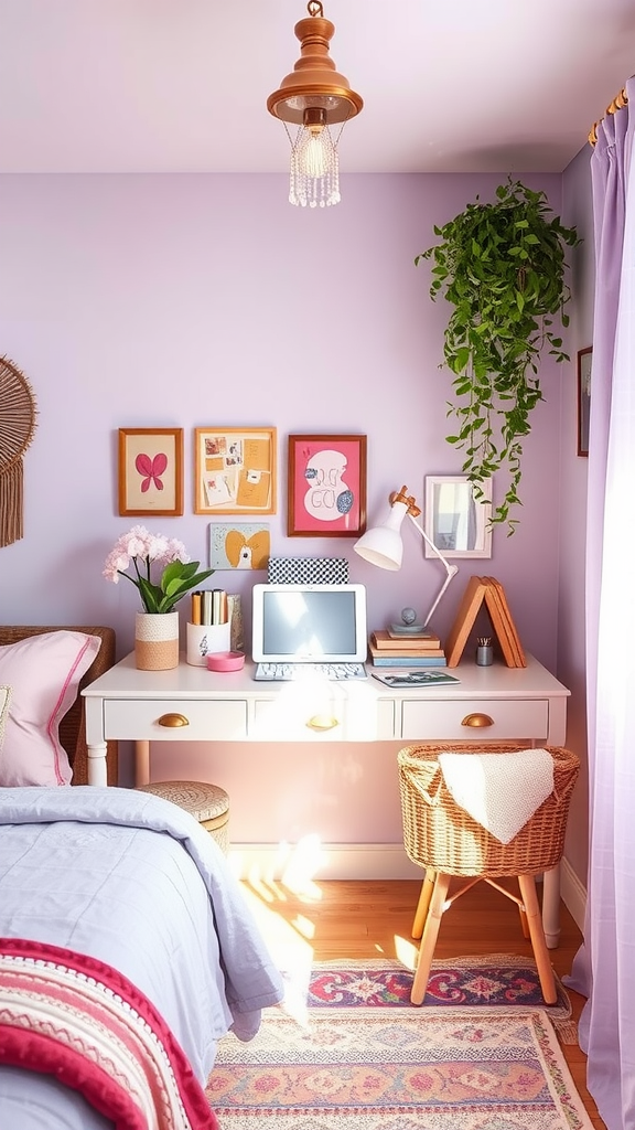 A cozy and functional workspace with a desk, laptop, and plants.