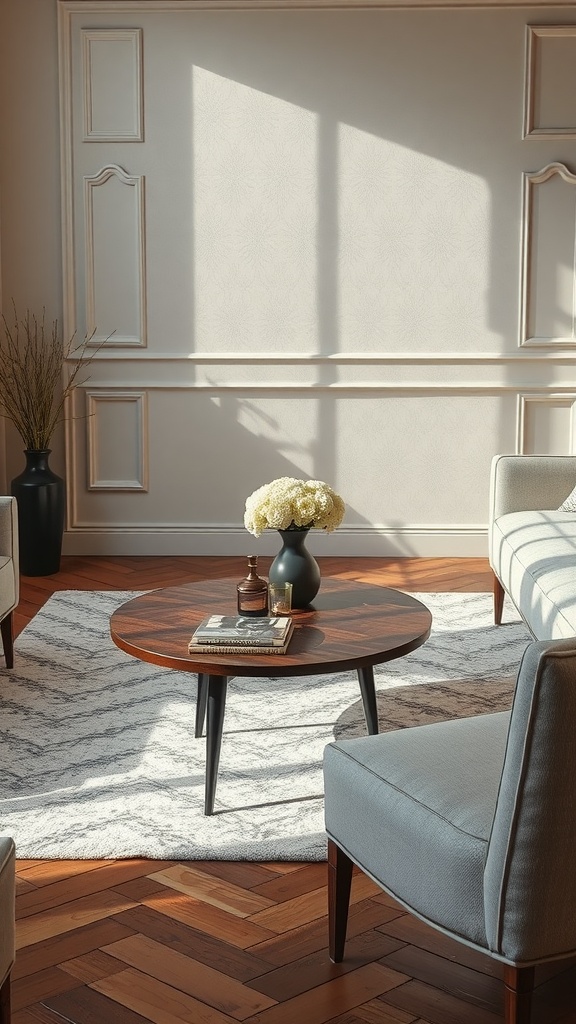 A stylish coffee table in a man cave setting with a vase of flowers and magazines.