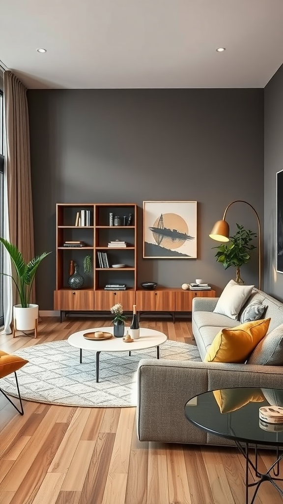 Stylish living room with a cozy couch, modern bookshelf, and decorative elements.