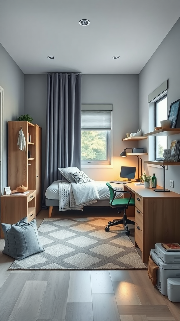 A cozy and stylish dorm room featuring a bed, desk, and storage furniture.