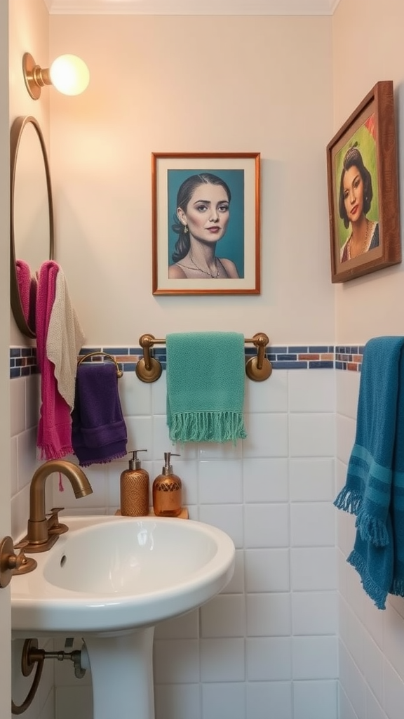 A small bathroom featuring colorful towels and framed art on the walls.