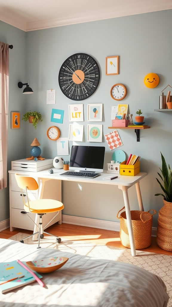 A bright and colorful desk space featuring a computer, cheerful decorations, and cozy elements.