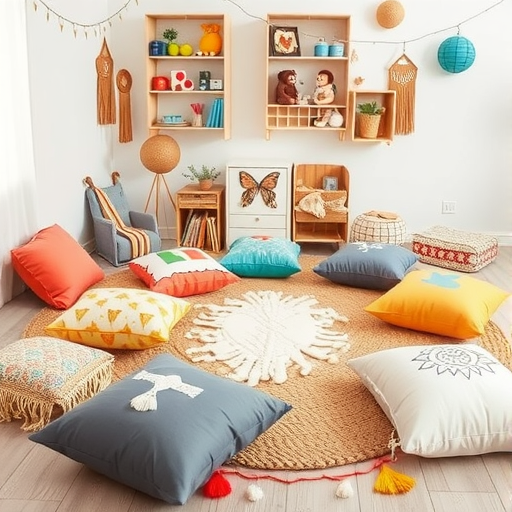 A colorful arrangement of funky floor cushions on a circular rug in a bright room.