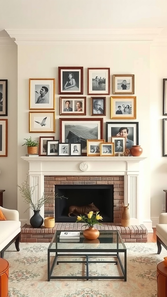 A cozy living room with a gallery wall above the mantle featuring various framed pictures and decorative items.