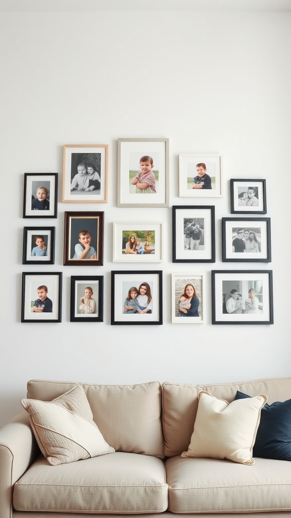 Gallery wall with family photos above a couch