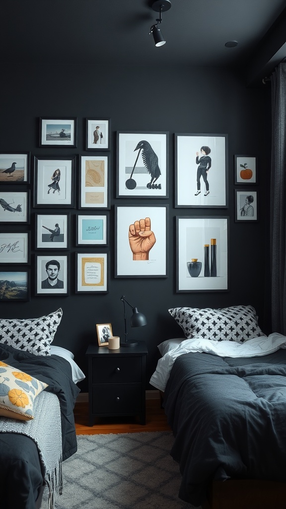 Gallery wall with various framed artworks in a black dorm room.