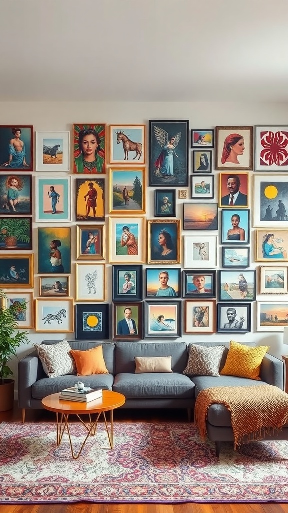 A rustic boho living room with a vibrant gallery wall featuring diverse art pieces in various frames.