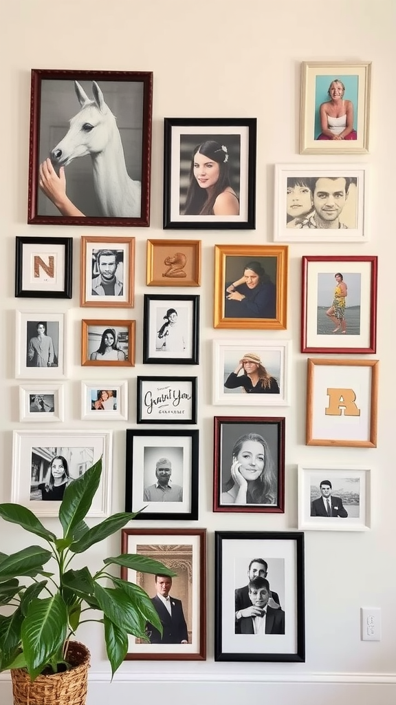 A stylish gallery wall featuring various framed black and white photos and artwork.